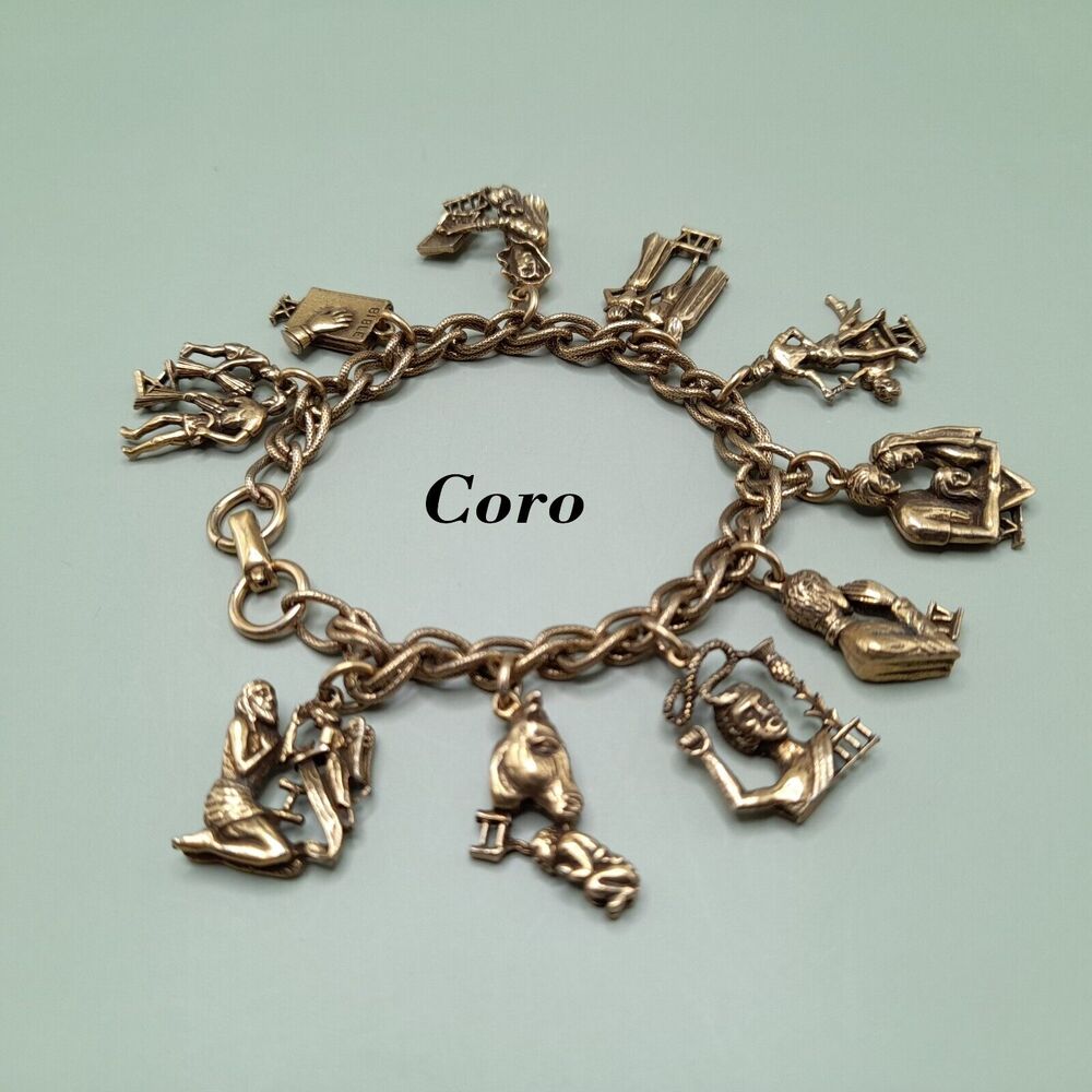 Vintage Coro Ten Commandments Charm Bracelet Gold Tone 7.25”